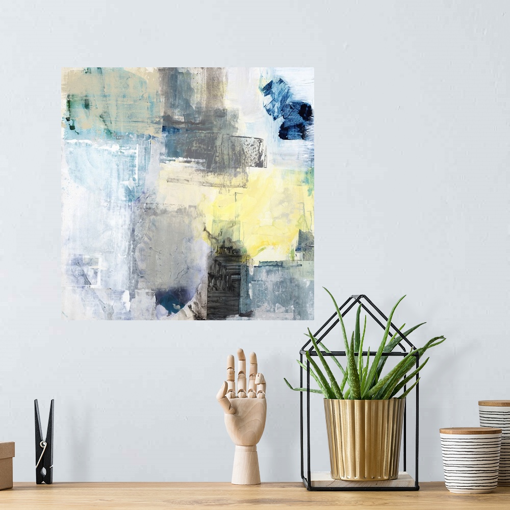 A bohemian room featuring Contemporary abstract painting with pale paint textures layered next to and on top of each other ...