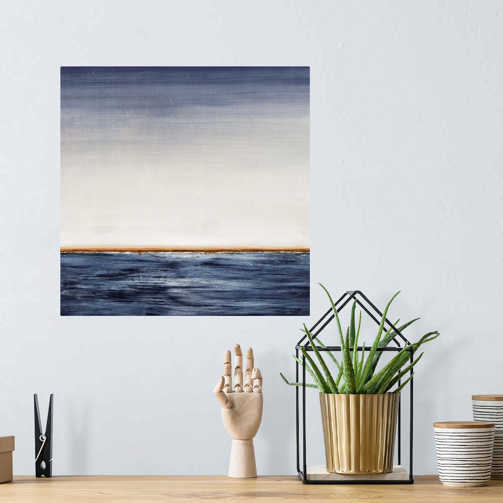 A bohemian room featuring Contemporary abstract painting of a seascape.