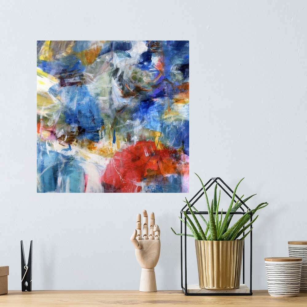 A bohemian room featuring Abstract painting of lots of colors and brushstrokes put together to create a Contemporary abstra...
