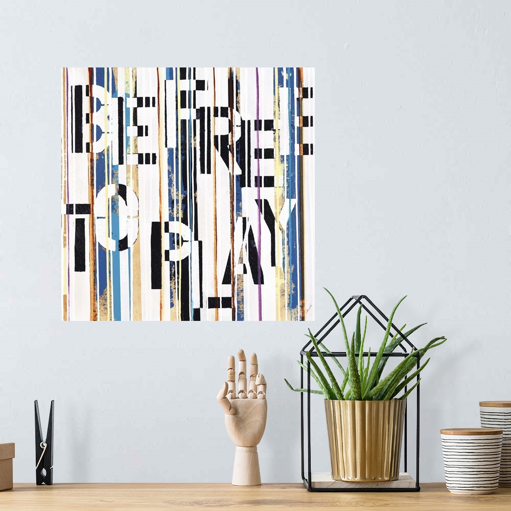 A bohemian room featuring Contemporary artwork with the text "be free to play" hidden in vertical stripes.