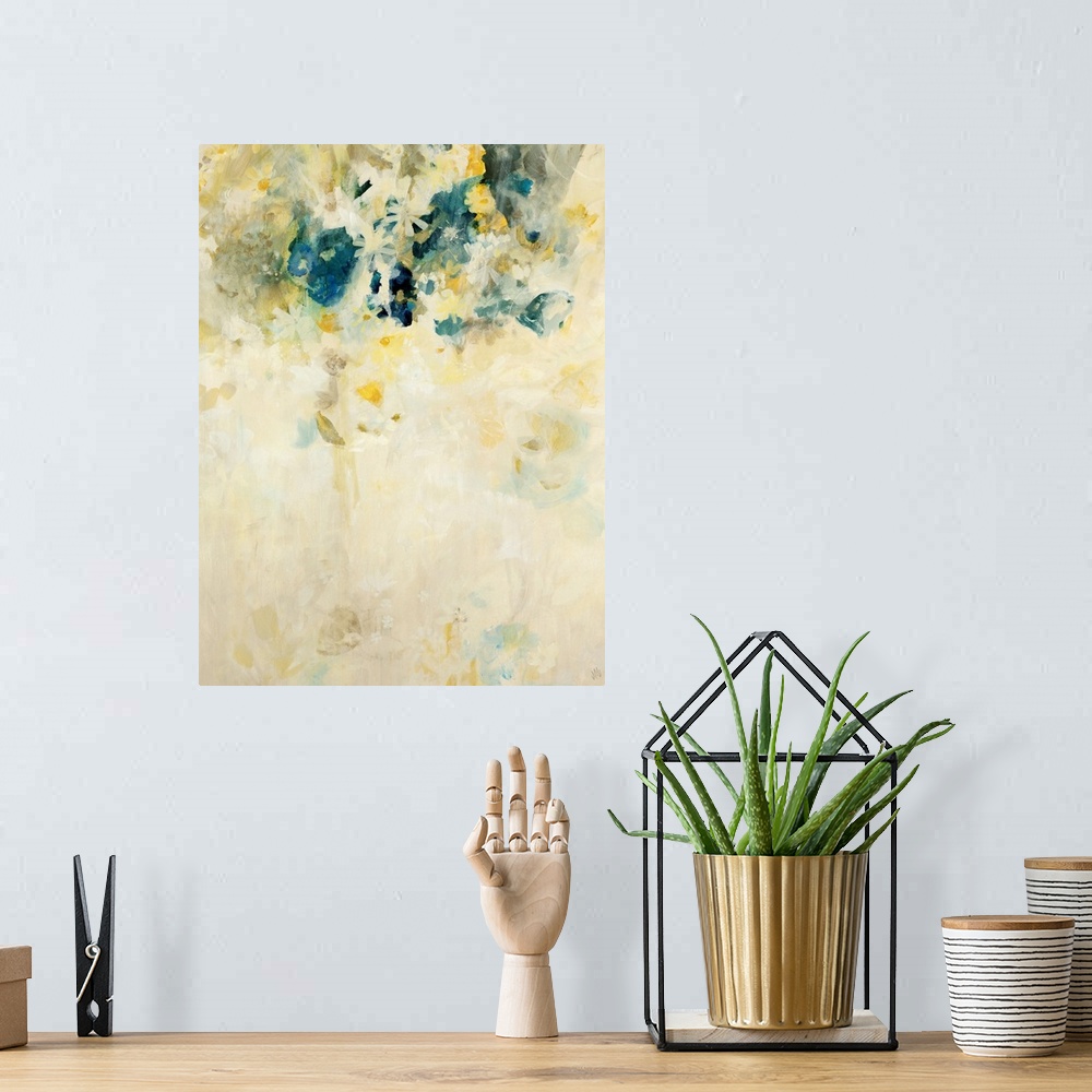 A bohemian room featuring Vertical, large home art docor of many small, golden flowers trickling downward and then fading i...