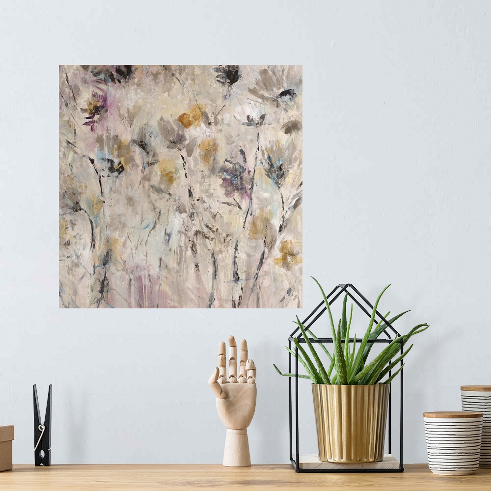 A bohemian room featuring Contemporary abstract painting using predominant earth tones mixed with hints of color creating a...