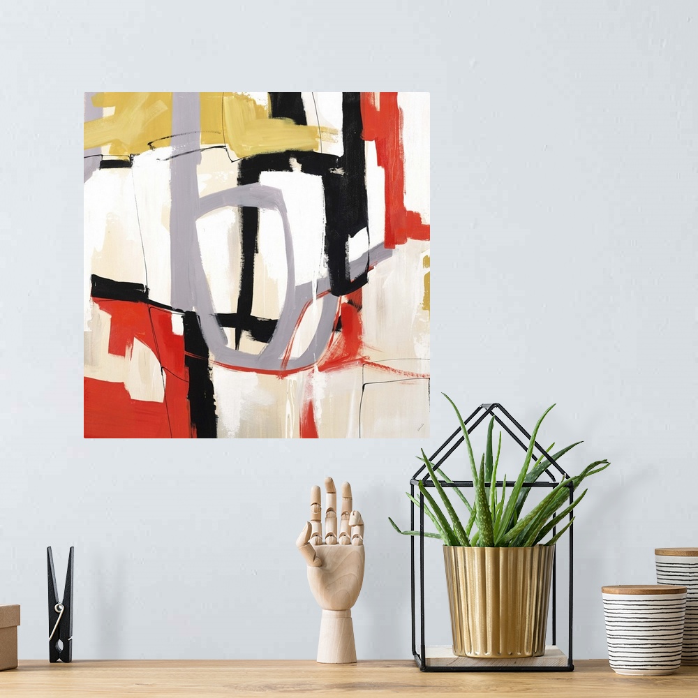 A bohemian room featuring Contemporary abstract painting using bold lines and distinct color.