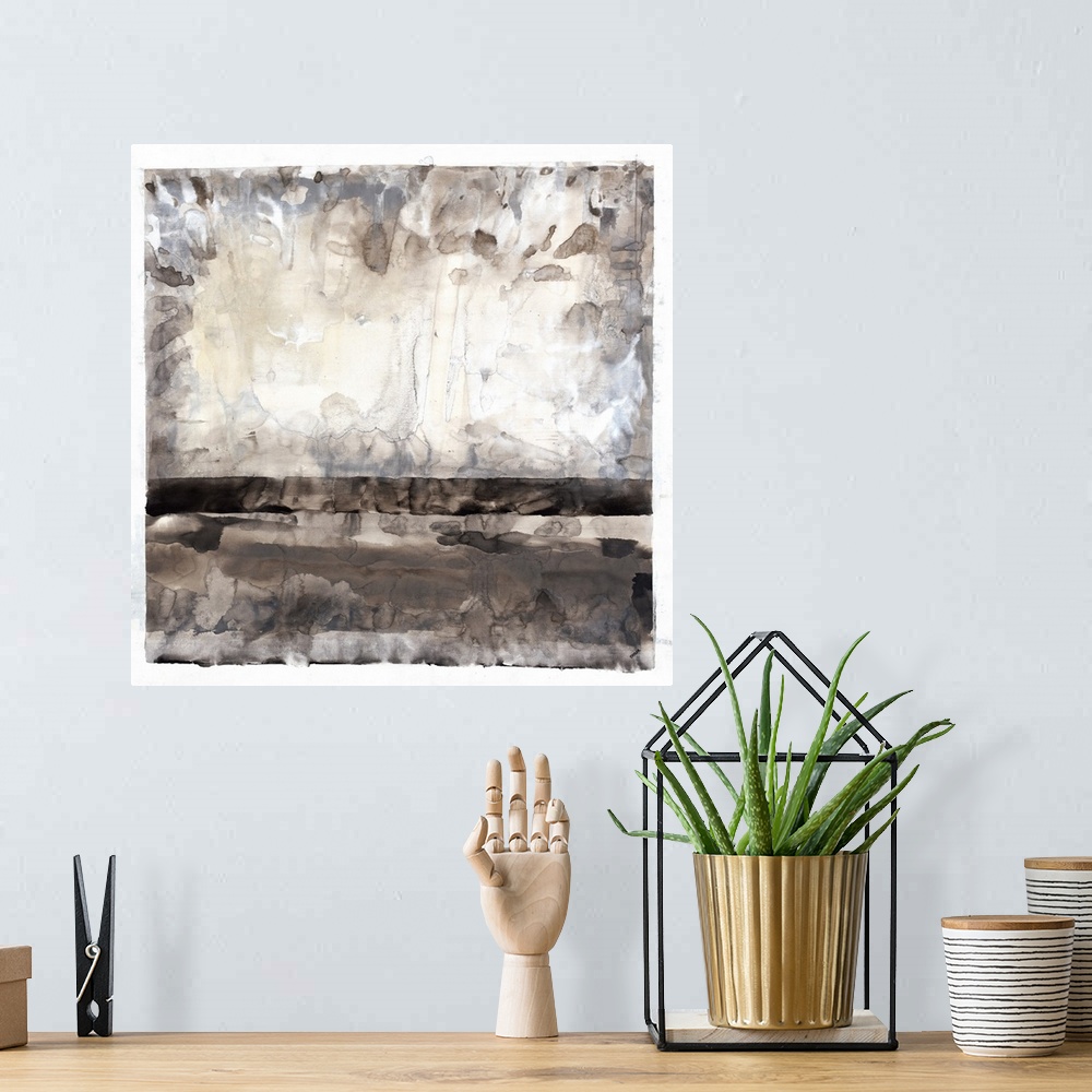 A bohemian room featuring Smoky, neutral abstract painting with a white boarder and a thick black line moving horizontally ...