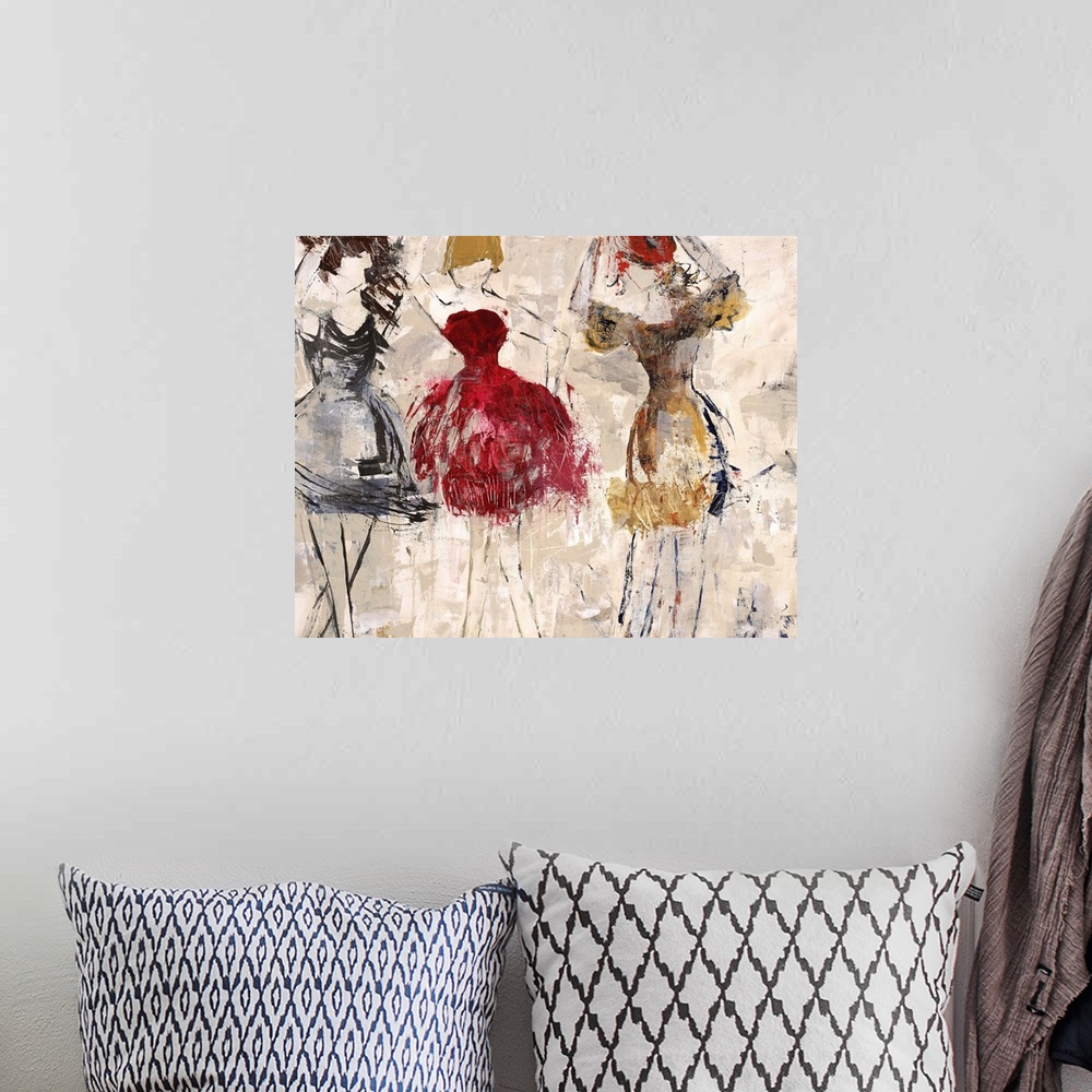 A bohemian room featuring Contemporary painting of three female figures wearing colorful dresses.