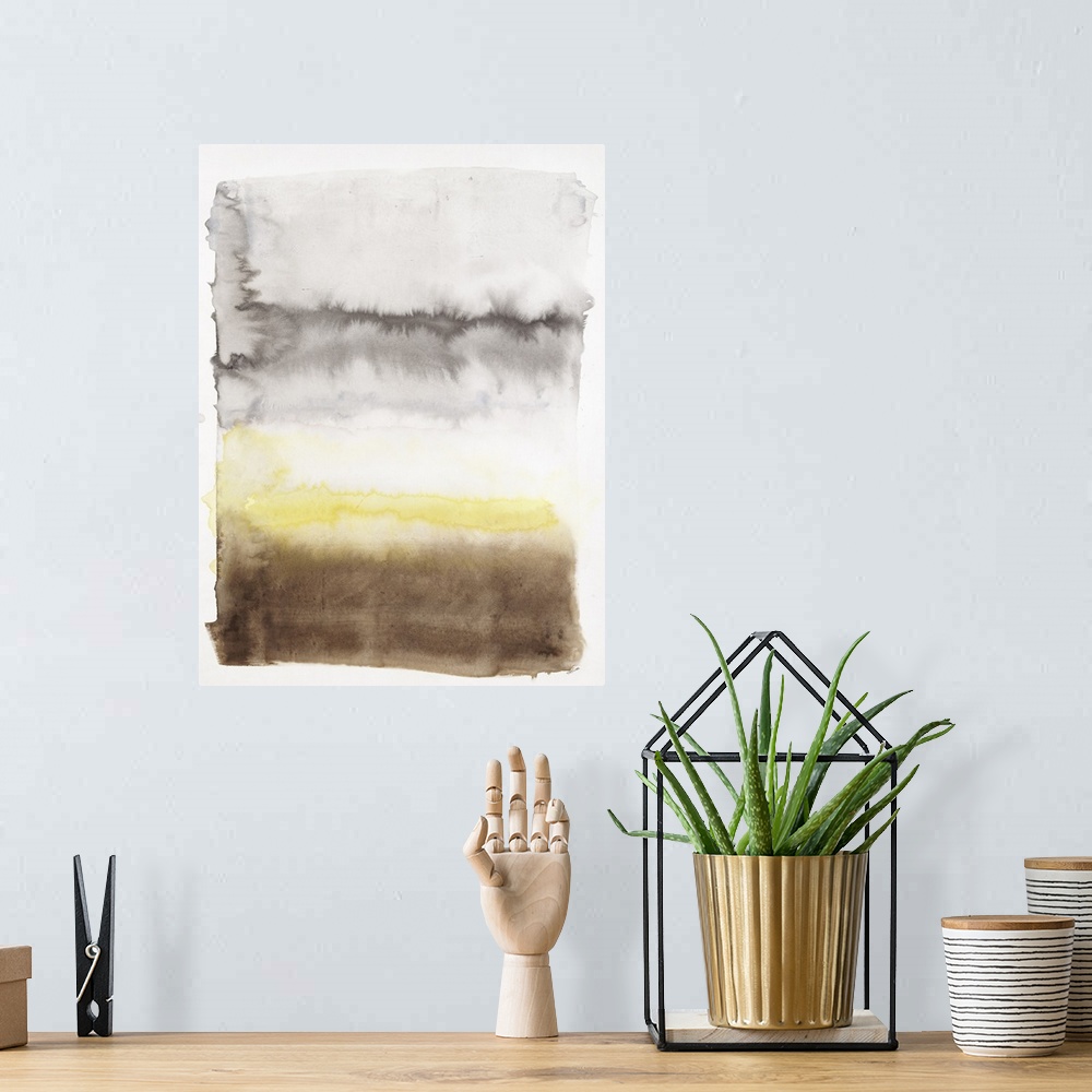 A bohemian room featuring Contemporary watercolor painting of horizontal blending brush strokes of brown, yellow and gray.