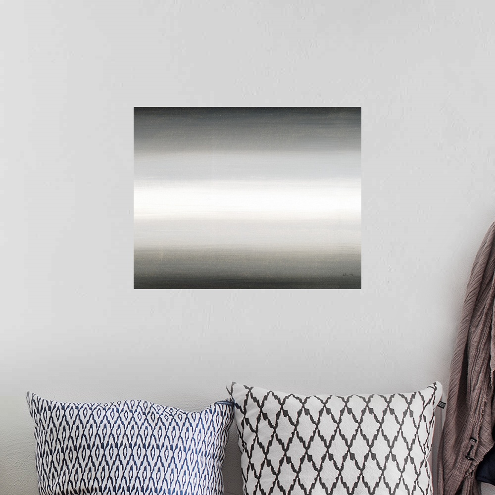 A bohemian room featuring Abstract painting with a horizontal gray gradient.