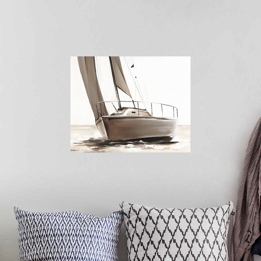 A bohemian room featuring Sepia toned painting of a sailboat on the open waters.