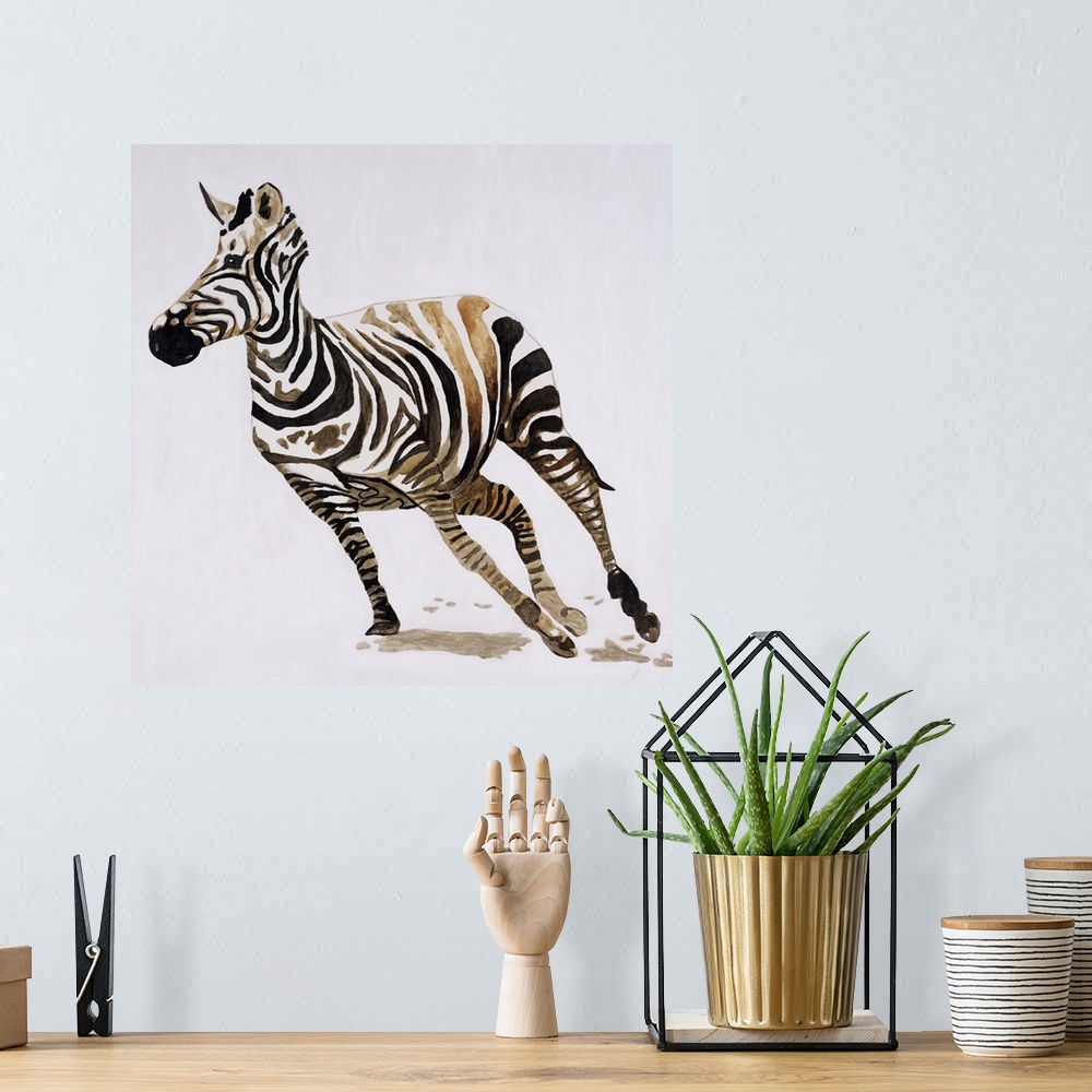 A bohemian room featuring Square contemporary abstract painting of a zebra in motion made up of white, black, and brown hues.