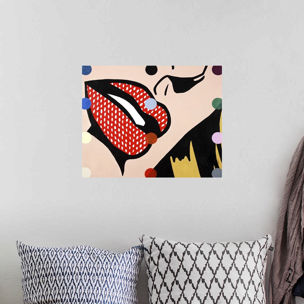 A bohemian room featuring Pop art style painting with a close up of a woman's face highlighting her red lips, with white do...