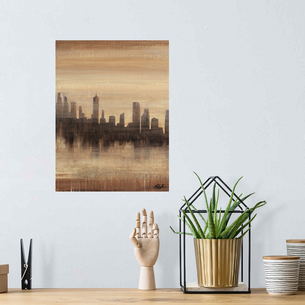 A bohemian room featuring Contemporary painting of a city skyline silhouette casting a faded reflection.