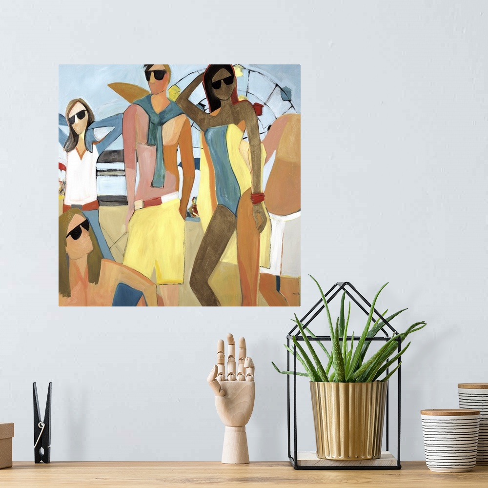 A bohemian room featuring Contemporary painting of cool people wearing summer attire and sunglasses.