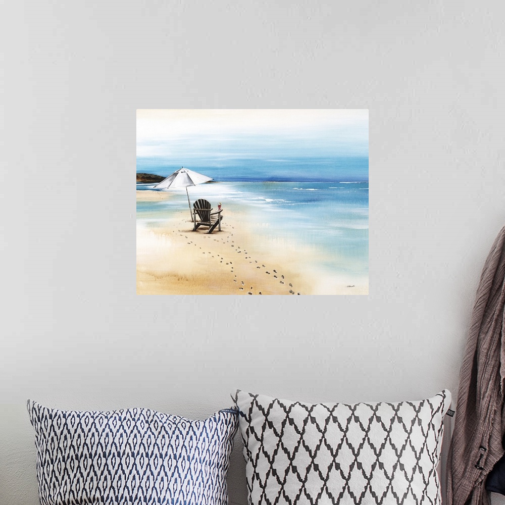 A bohemian room featuring Contemporary painting of a relaxing beach scene with an empty chair holding a cocktail and a whit...
