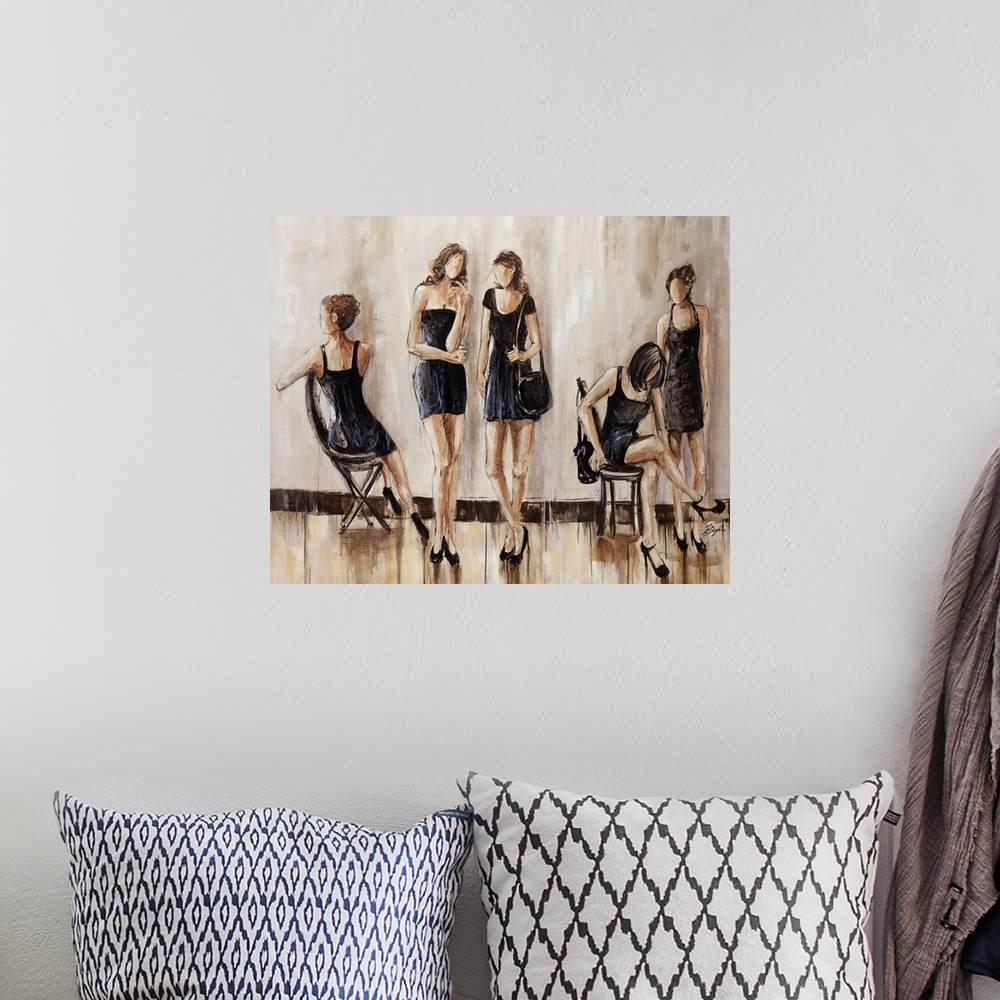 A bohemian room featuring This is a contemporary painting of five women wearing little black dresses. This horizontal, figu...