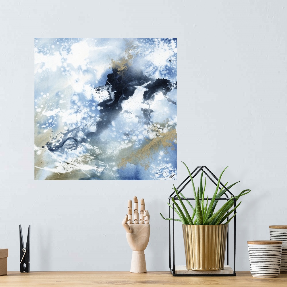 A bohemian room featuring Abstract contemporary painting in blue and brown tones, resembling a cloudy sky.