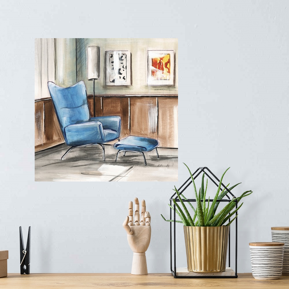 A bohemian room featuring Contemporary artwork of a stylish chair in a home with mid century decor.