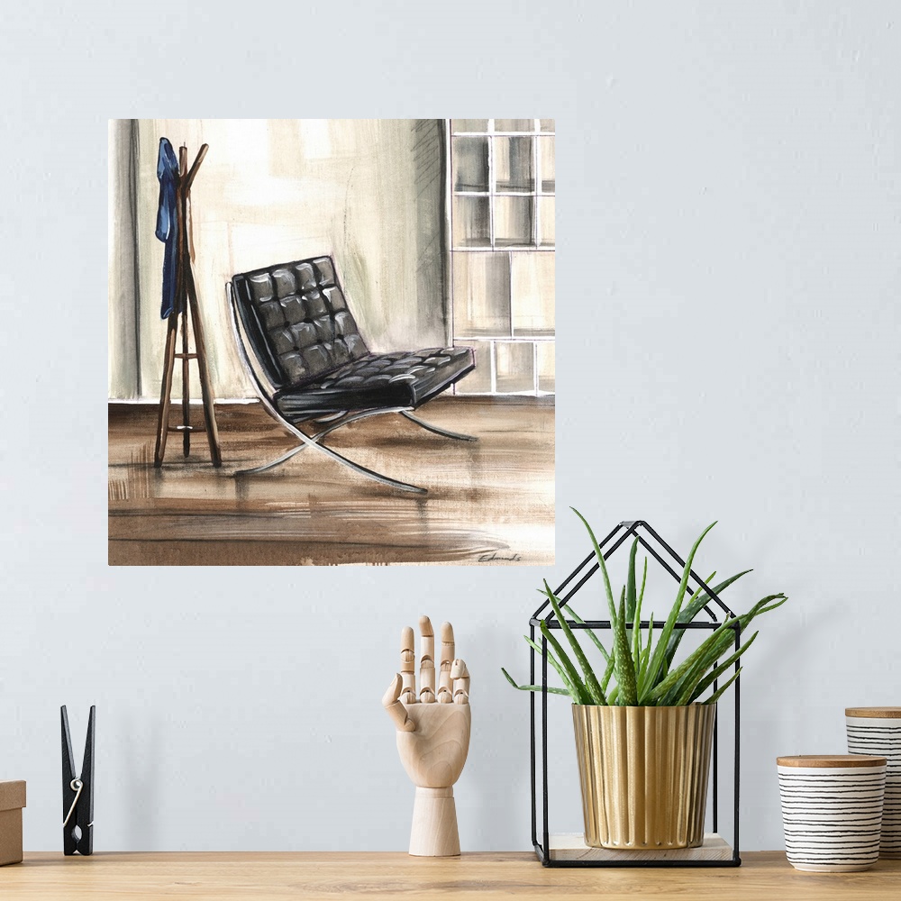 A bohemian room featuring Contemporary artwork of a stylish chair in a home with mid century decor.
