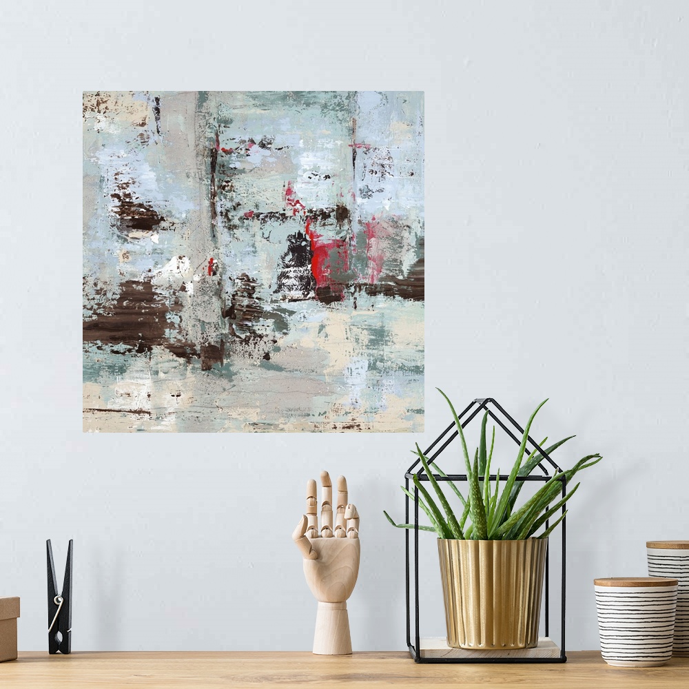 A bohemian room featuring Contemporary abstract painting using a pale mint green with streaks of brown in an overall distre...