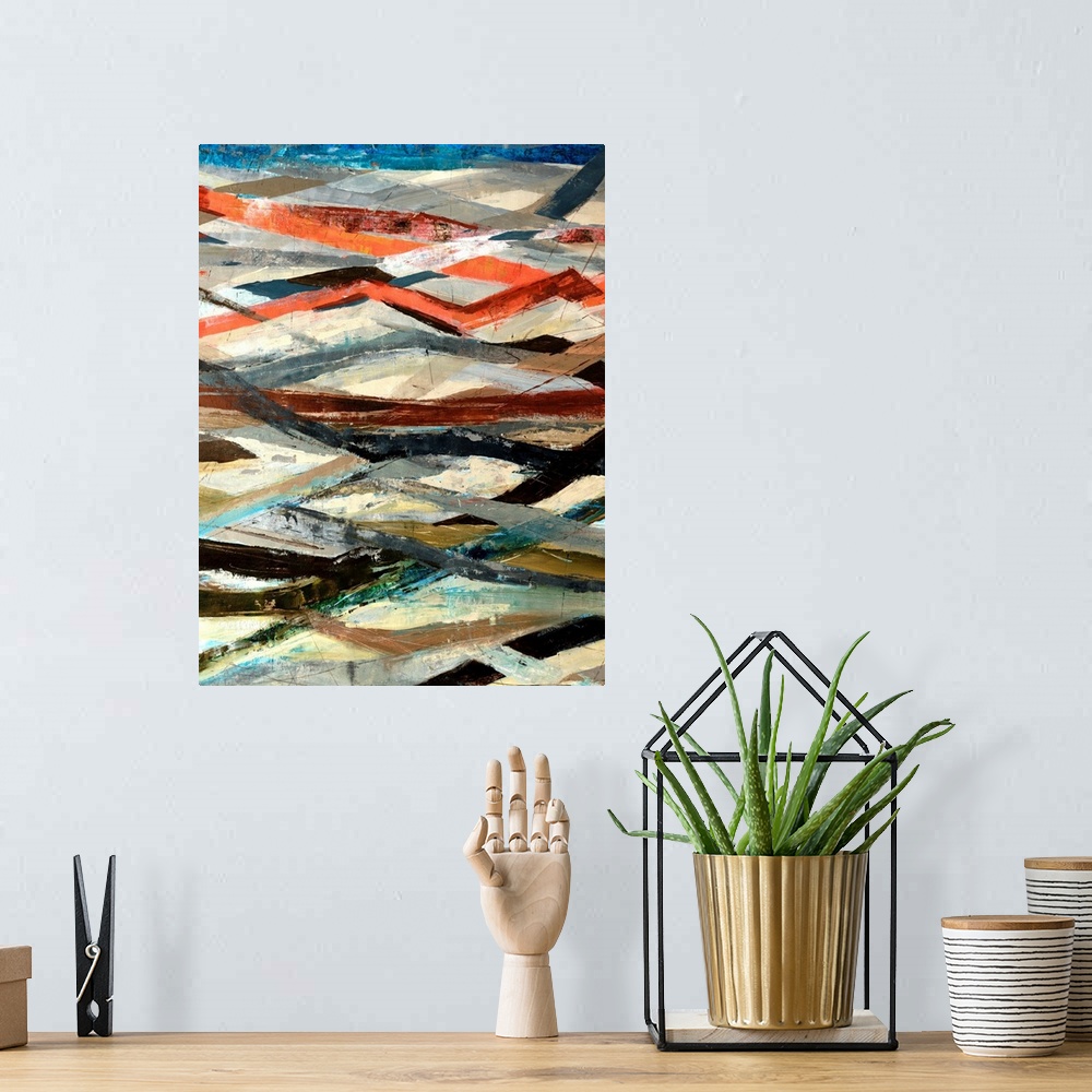 A bohemian room featuring Portrait, abstract painting of horizontal and zig zag lines in numerous colors.  Painted with thi...