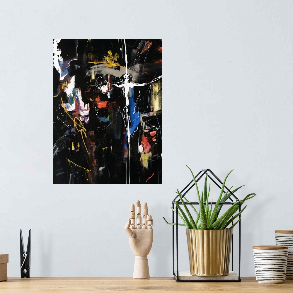 A bohemian room featuring Portrait, abstract painting on a large wall hanging of splatters, squiggly lines, brush marks and...