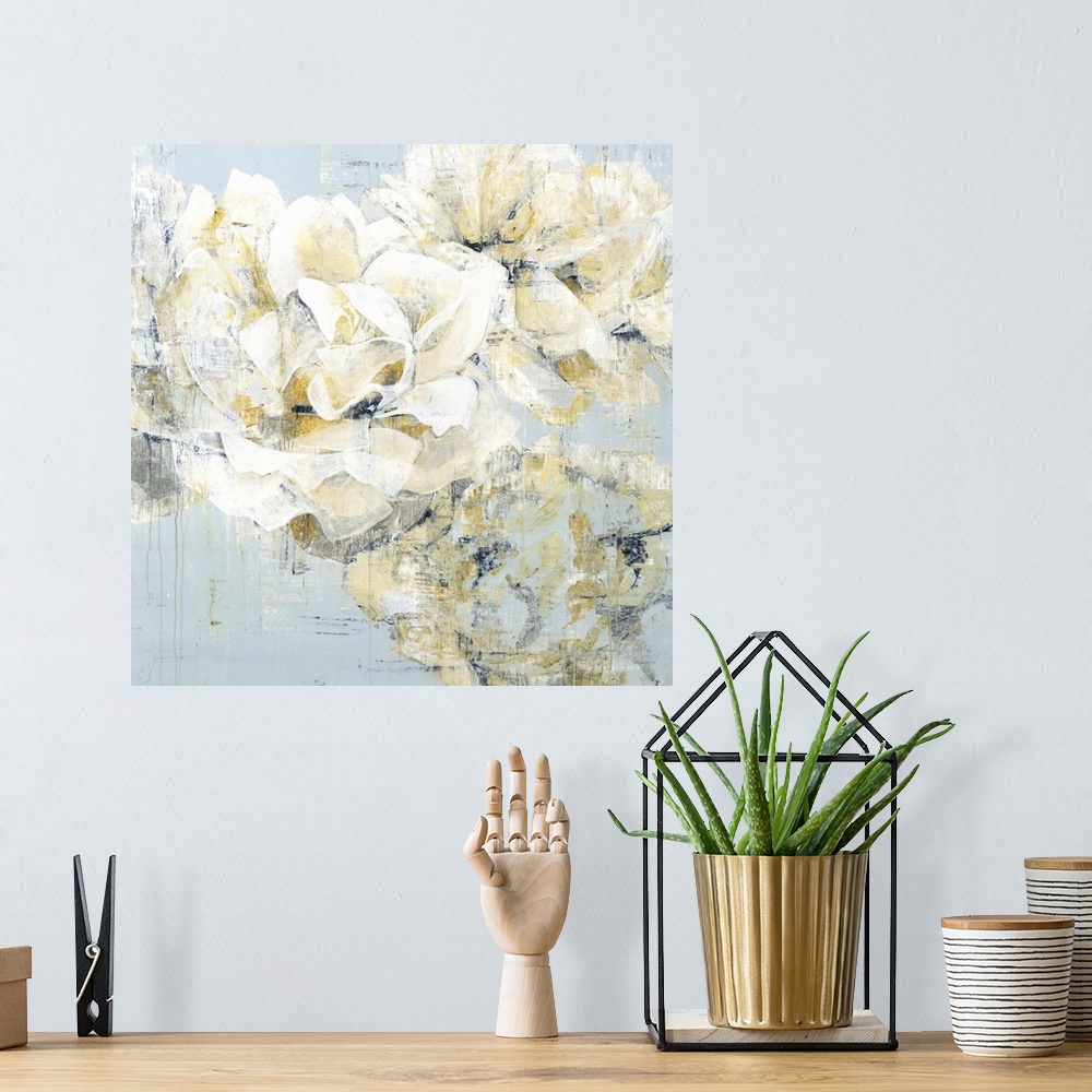 A bohemian room featuring Square painting of white roses with gold and silver highlights with an antique feel on a pale blu...
