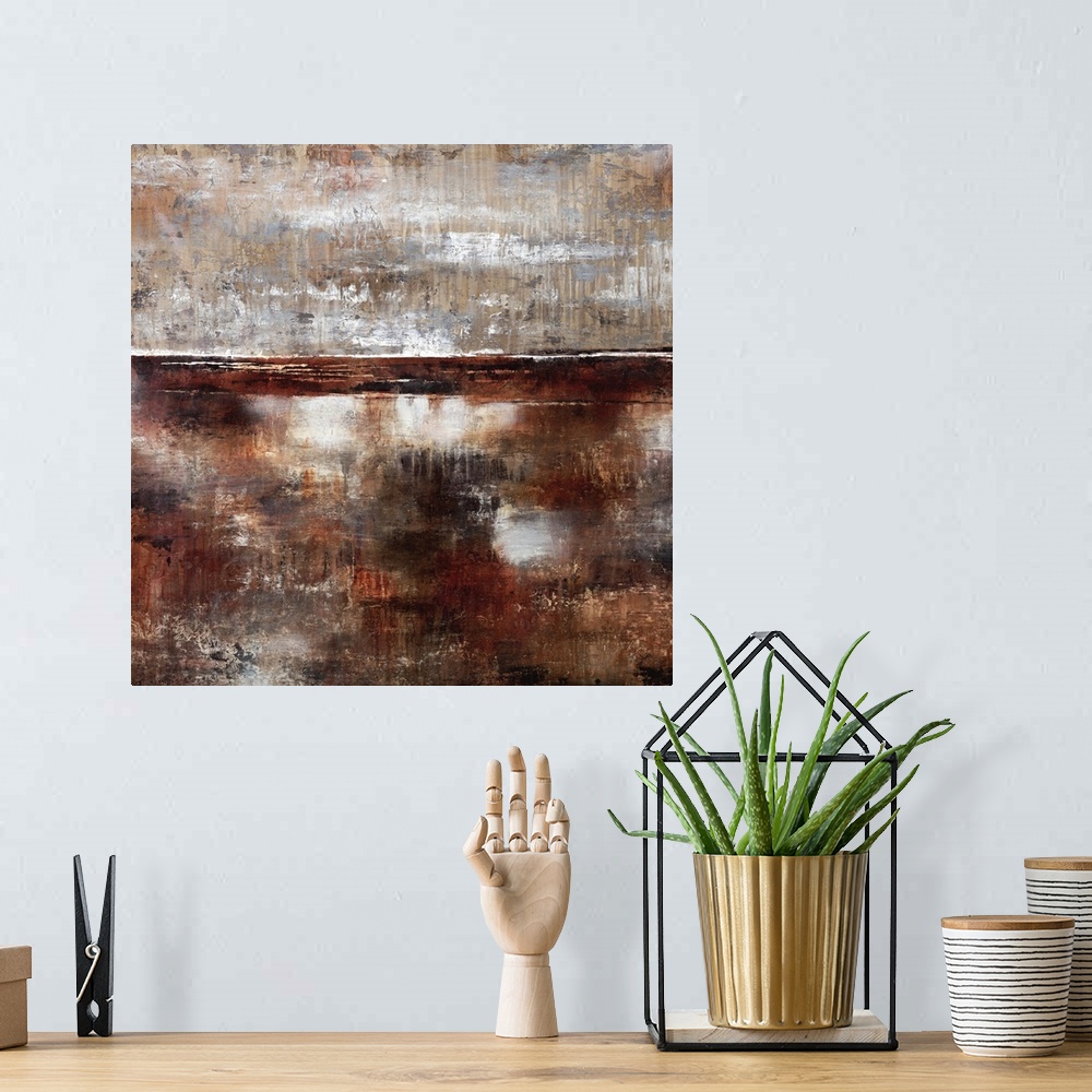 A bohemian room featuring Contemporary abstract painting using dark brown earthy tones.