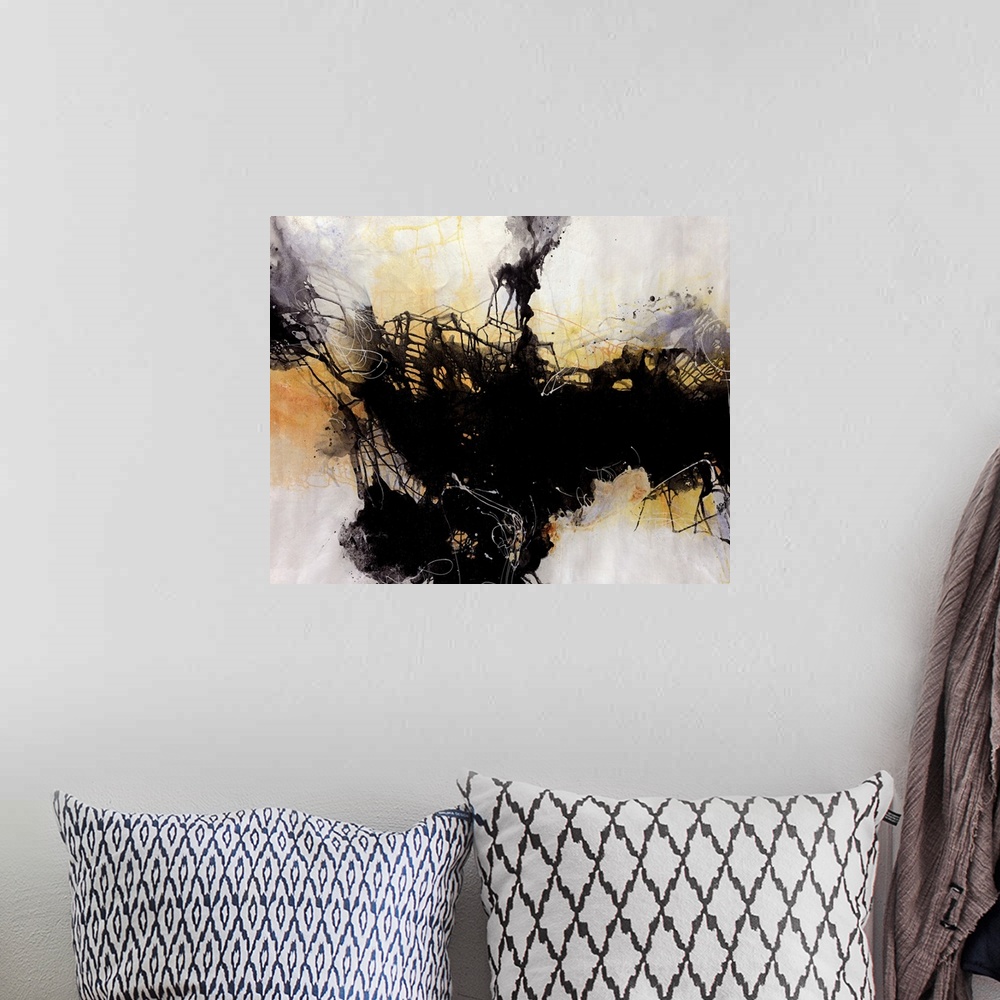 A bohemian room featuring Contemporary abstract artwork featuring splatters and drips of paint intersecting between light a...