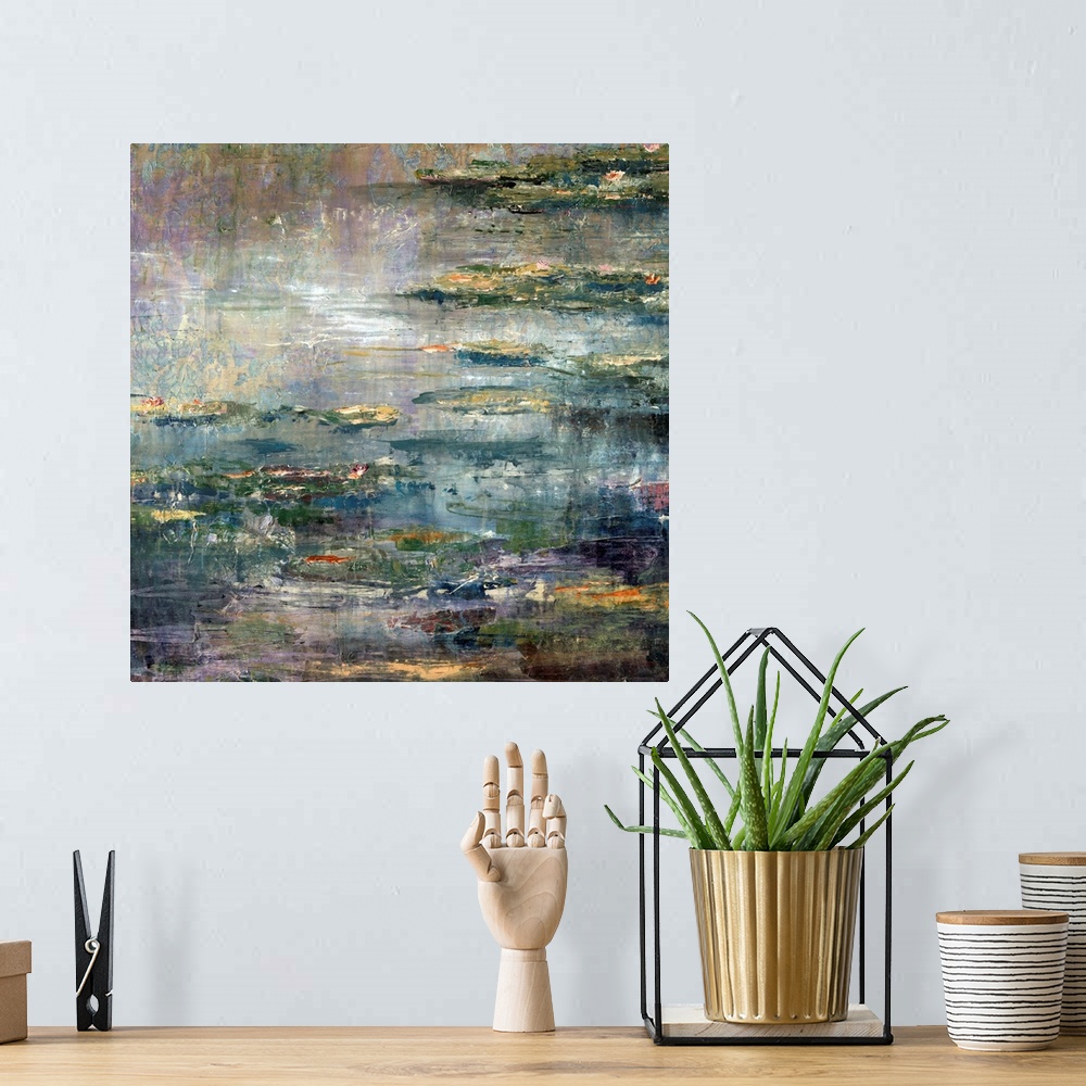 A bohemian room featuring Contemporary painting of a pond filled with lily pads and water lilies in the evening, inspired b...