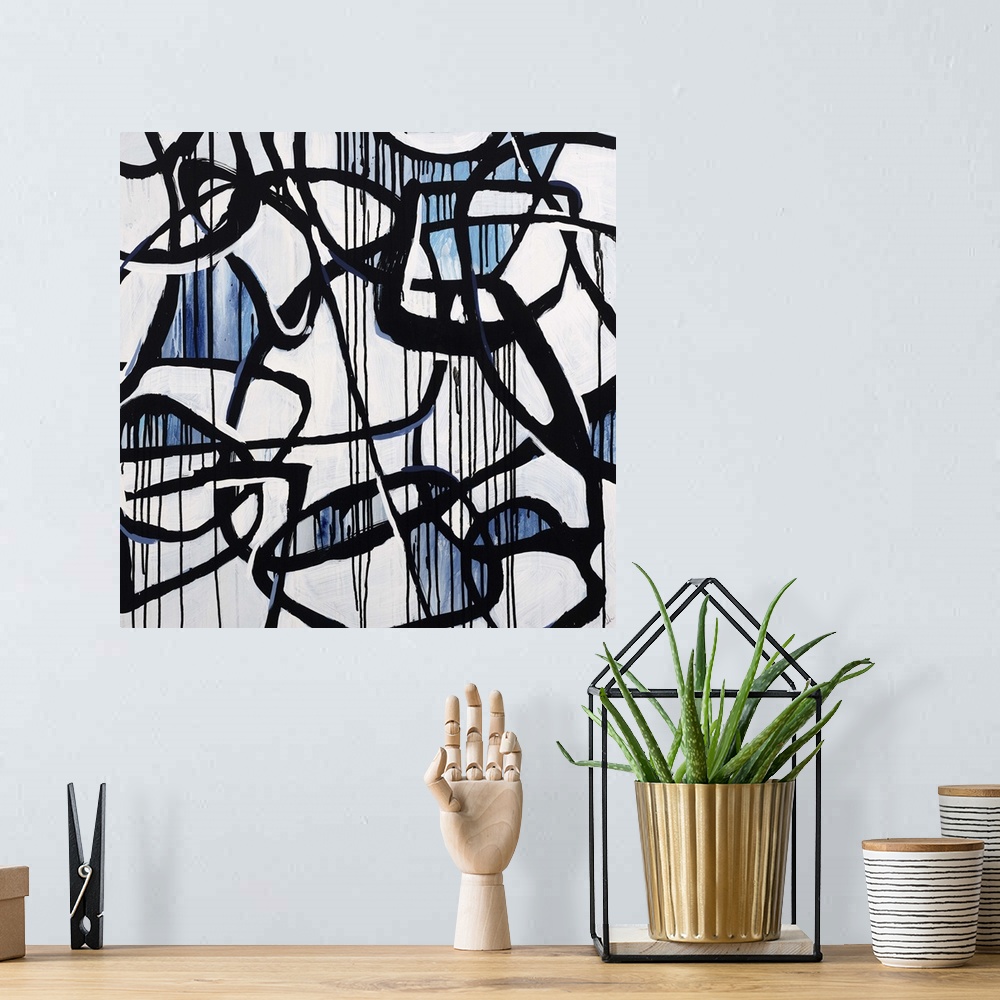 A bohemian room featuring Contemporary high contrast abstract painting using deep black organic lines in a circular motion,...
