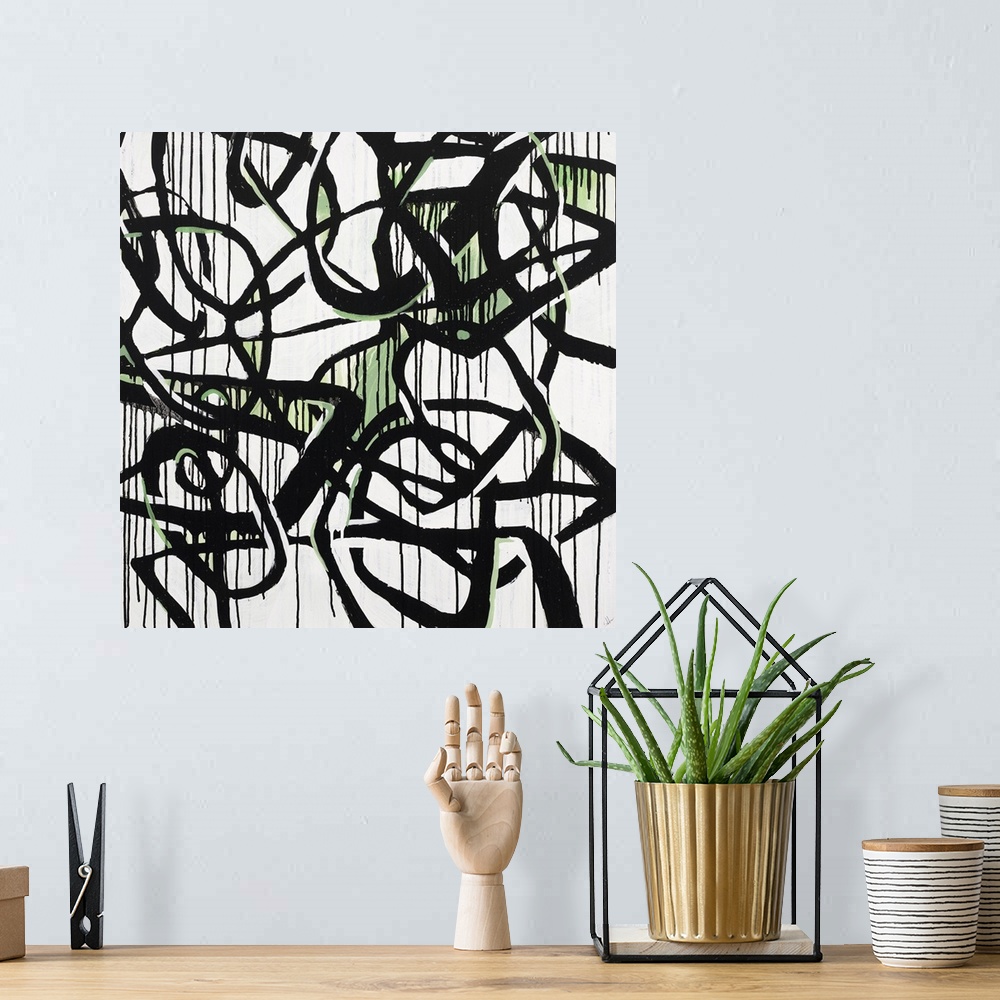 A bohemian room featuring Contemporary high contrast abstract painting using deep black organic lines in a circular motion,...