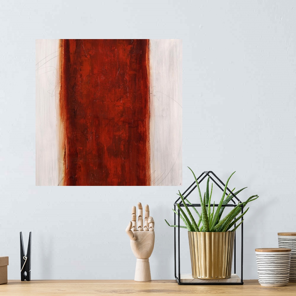 A bohemian room featuring Abstract painting using white stripes on the left and right sides of the image, with a red stripe...
