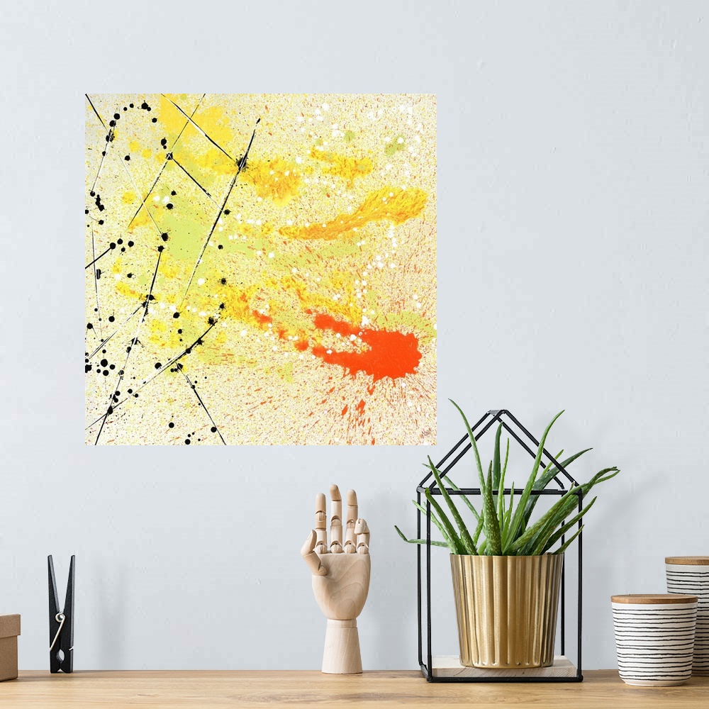 A bohemian room featuring Contemporary abstract painting made from orange, yellow, and light green paint splatter, black an...