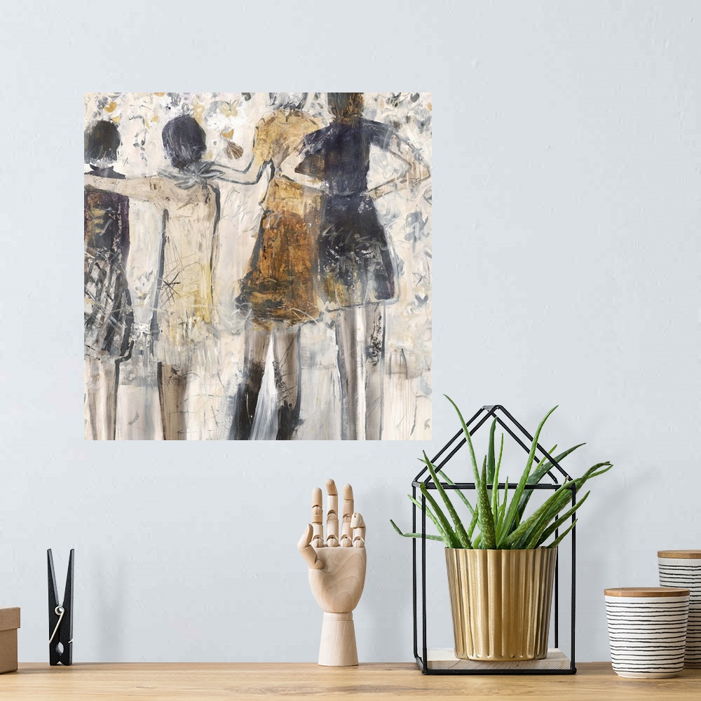 A bohemian room featuring Contemporary abstract painting of female figure lined up together in earthy tones.