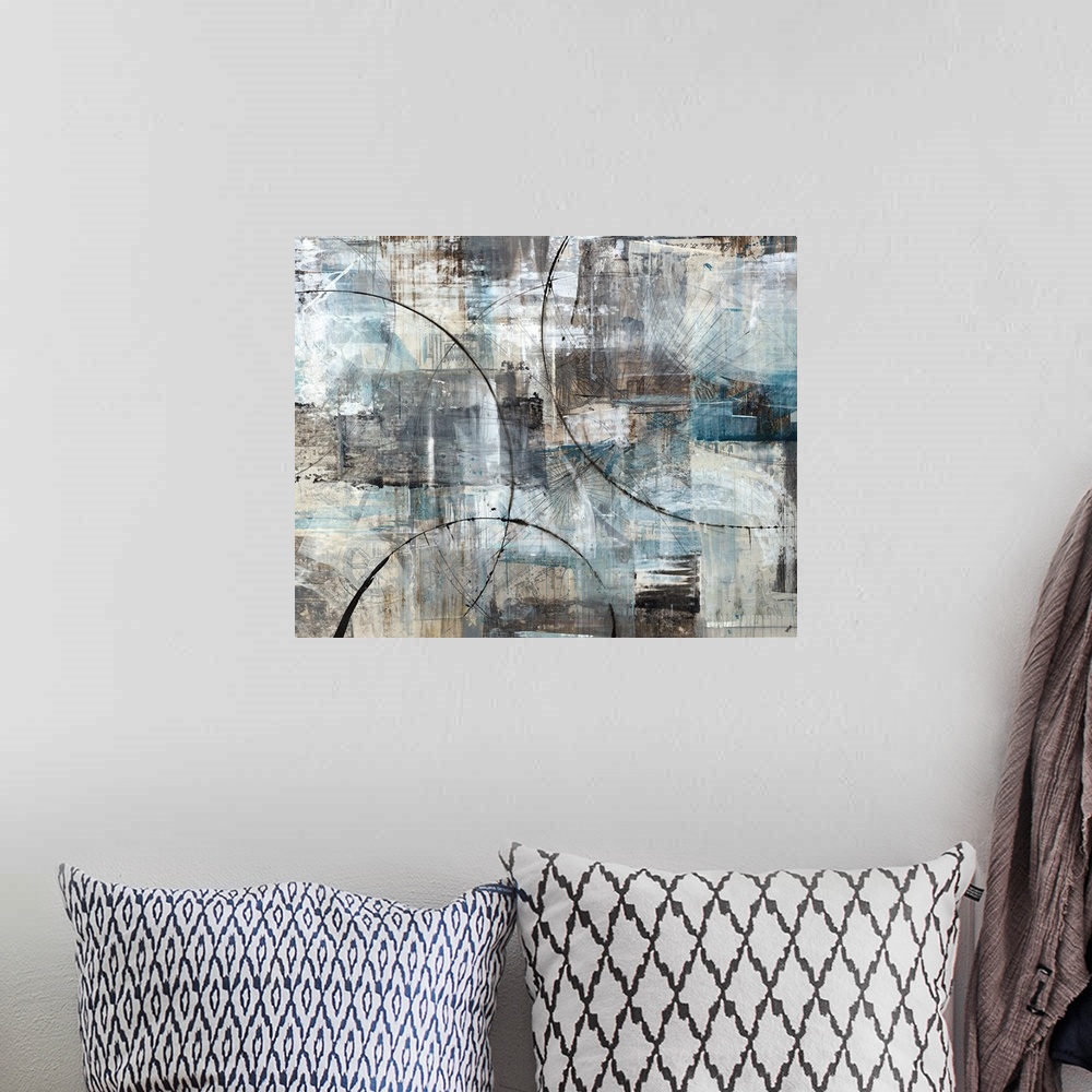 A bohemian room featuring Contemporary abstract painting with blocks of dark blue, brown, white and gray hues. Thin, black ...