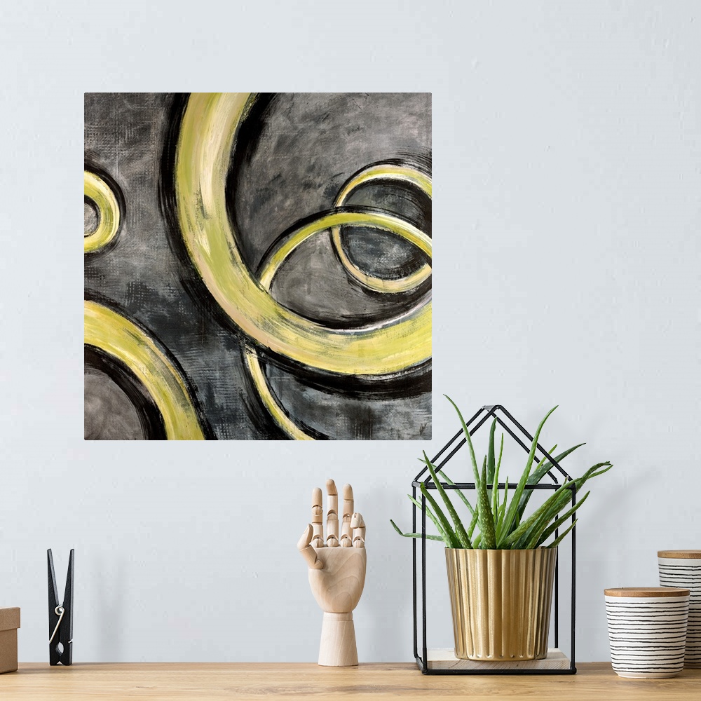 A bohemian room featuring Square contemporary painting of yellow swirls moving along a textured gray background, evoking a ...