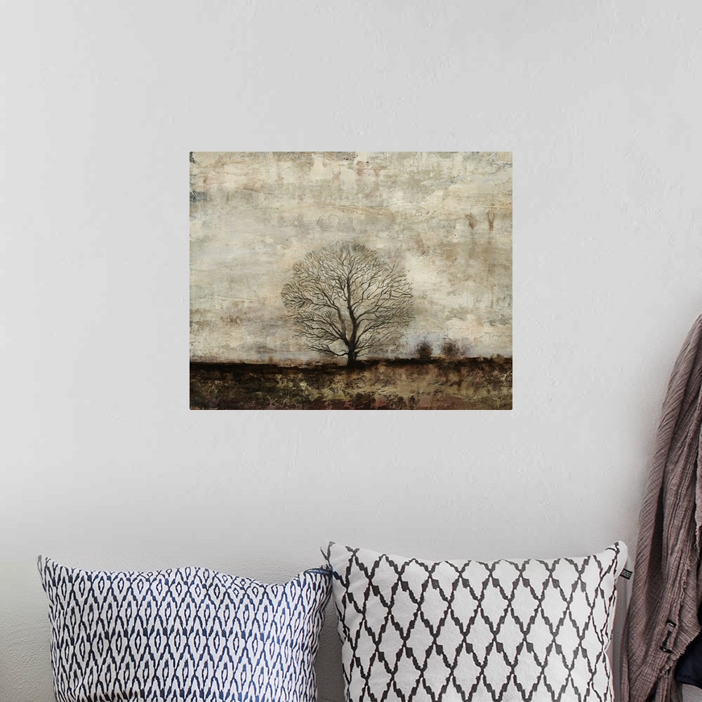 A bohemian room featuring Contemporary abstract painting of branched tree silhouette.