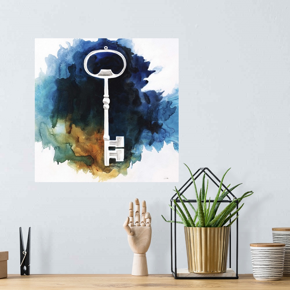 A bohemian room featuring Contemporary abstract painting of an old white skeleton key against a background of vibrant water...