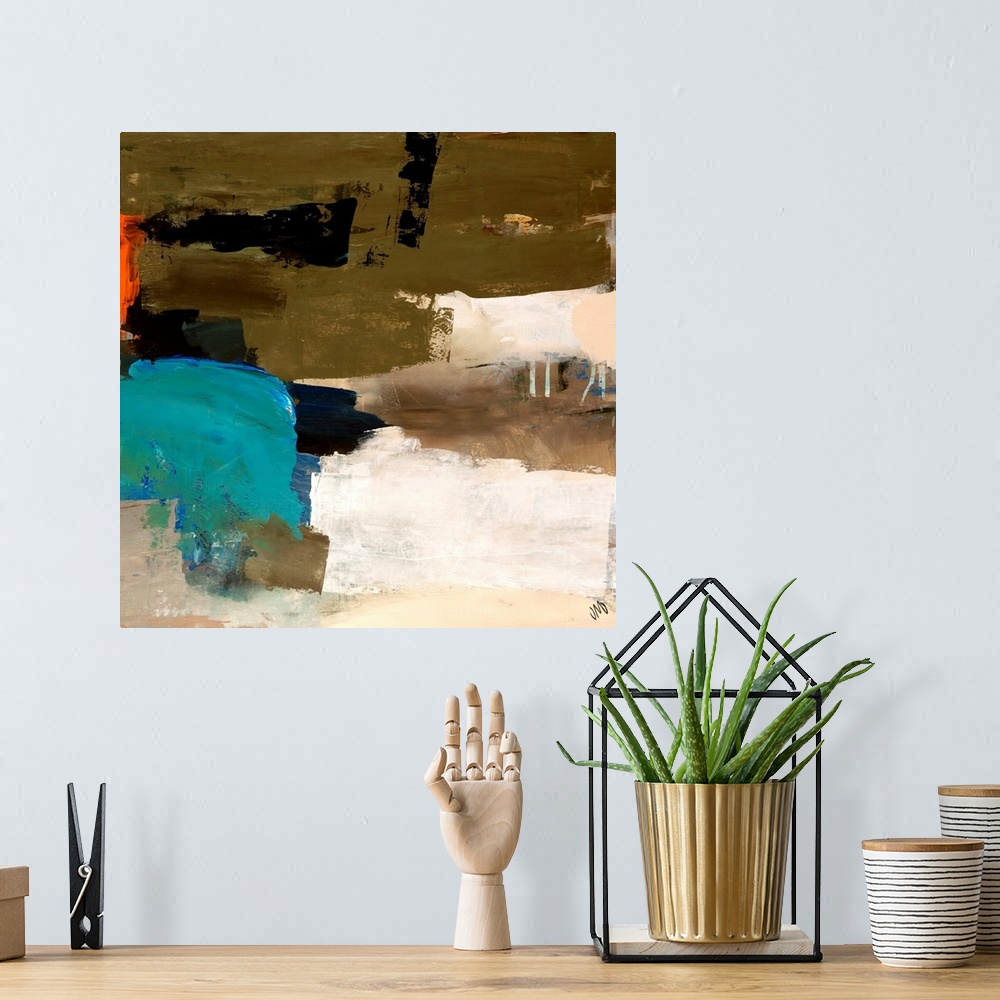 A bohemian room featuring Abstract painting that depicts sheep in a pasture.