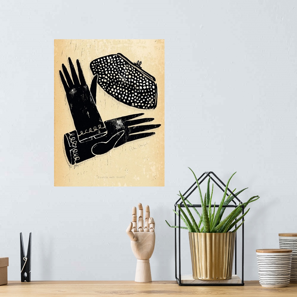 A bohemian room featuring 1940's vintage style wall art of a clutch purse and gloves illustrated in black ink wash on distr...