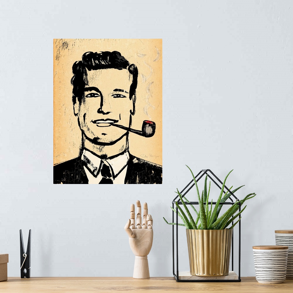 A bohemian room featuring 1940's vintage wall art black ink brush illustration on sepia background of a dapper man smoking ...