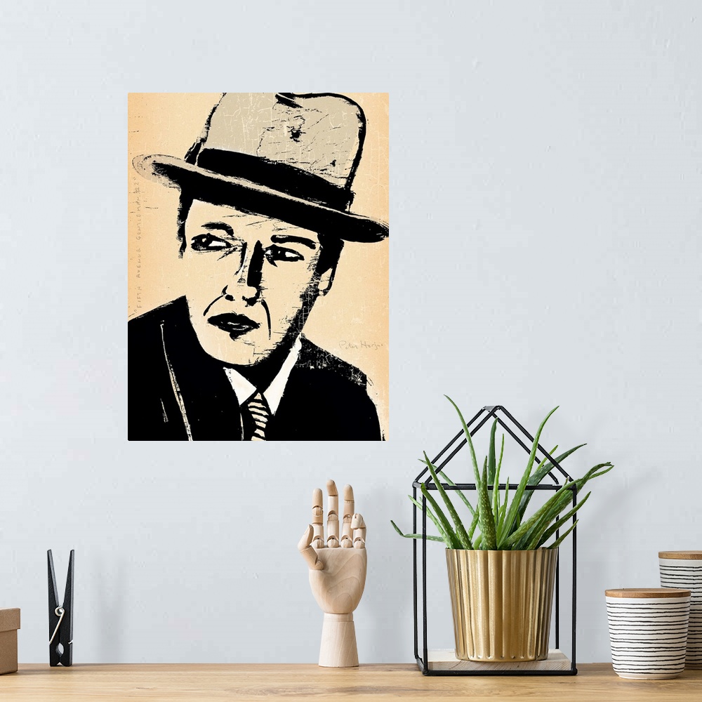 A bohemian room featuring 1940's vintage wall art black ink brush illustration on sepia background of a dapper gangster man...