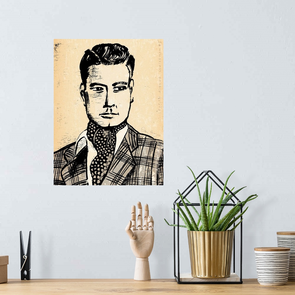 A bohemian room featuring 1940's vintage wall art black ink brush illustration on sepia background of a dapper man with fas...