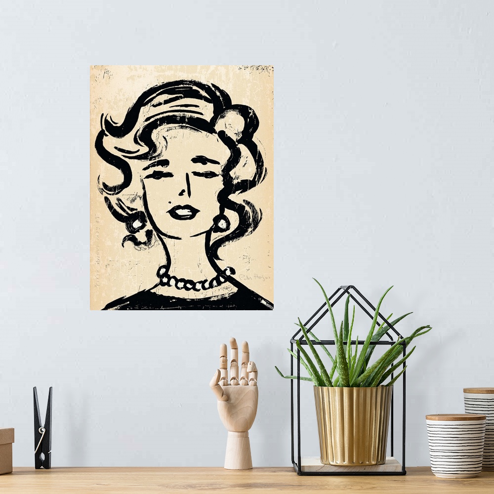 A bohemian room featuring 1940's vintage wall art black ink brush illustration on sepia background of the head and shoulder...