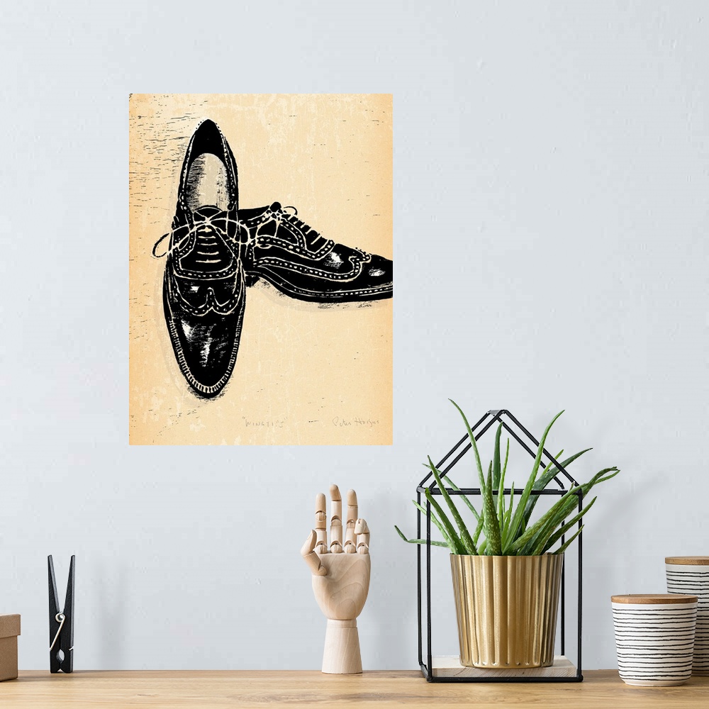 A bohemian room featuring 1940's vintage style wall art of a pair of wingtip shoes illustrated in black ink wash on distres...