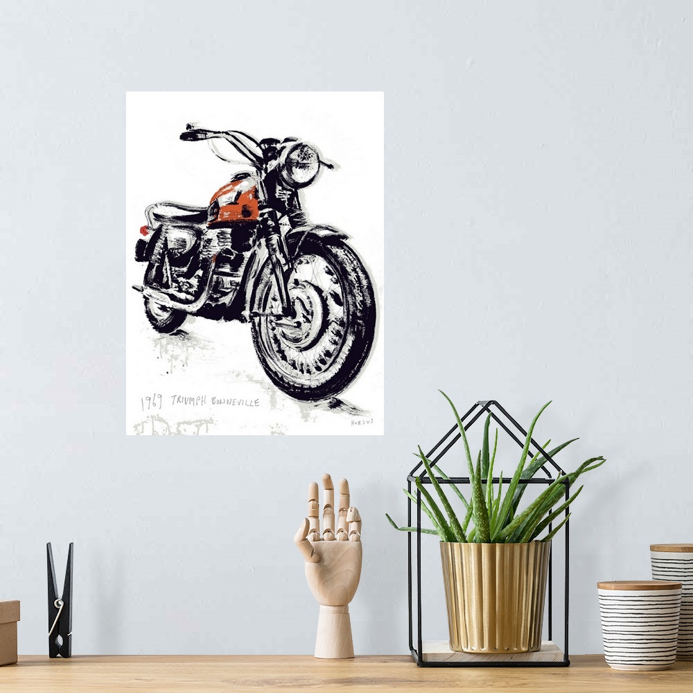 A bohemian room featuring Ink brush artwork illustration of a vintage classic motorcycle.
