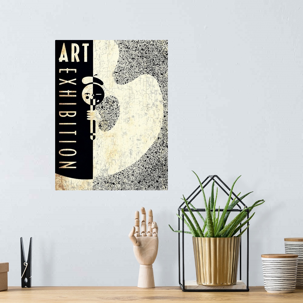A bohemian room featuring Vintage black and sepia wall art exhibition poster with graphic Bauhaus artist image and artist p...