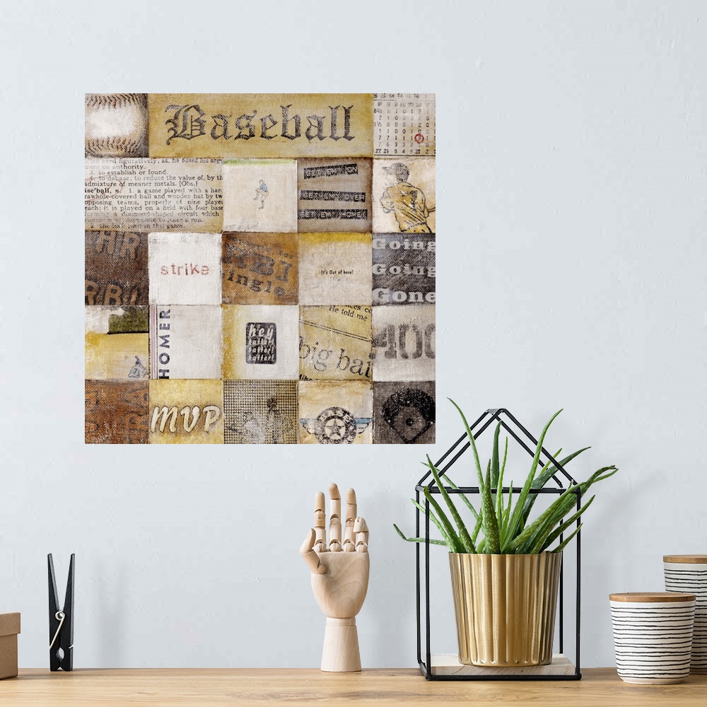A bohemian room featuring Distressed collage of retro baseball images, terms and sayings in a checkerboard pattern.