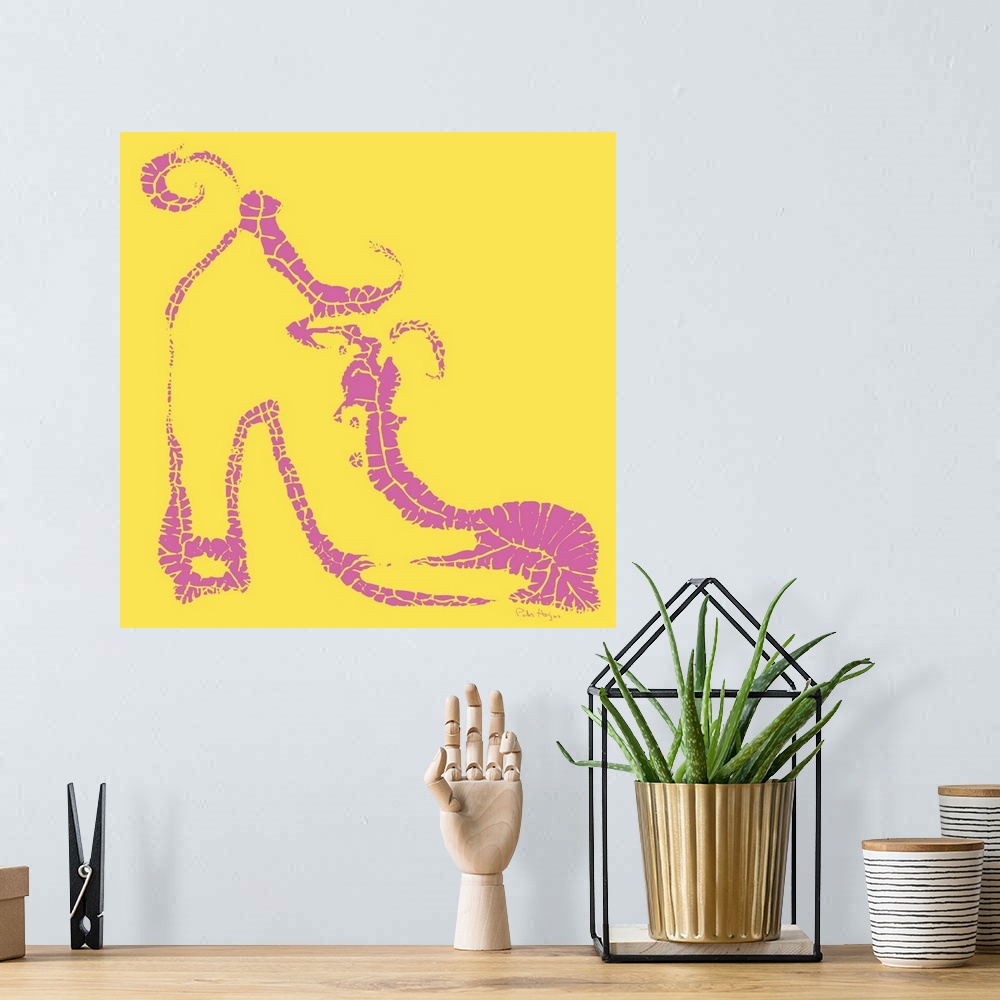 A bohemian room featuring A bold graphic of a simple pink fashionable shoe on a yellow background.