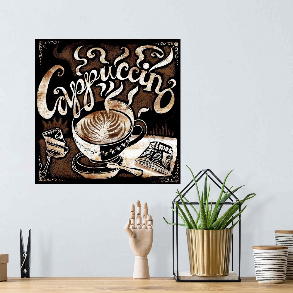 A bohemian room featuring A perfectly poured cappuccino with a side of cake and a newspaper, with the word cappuccino illus...