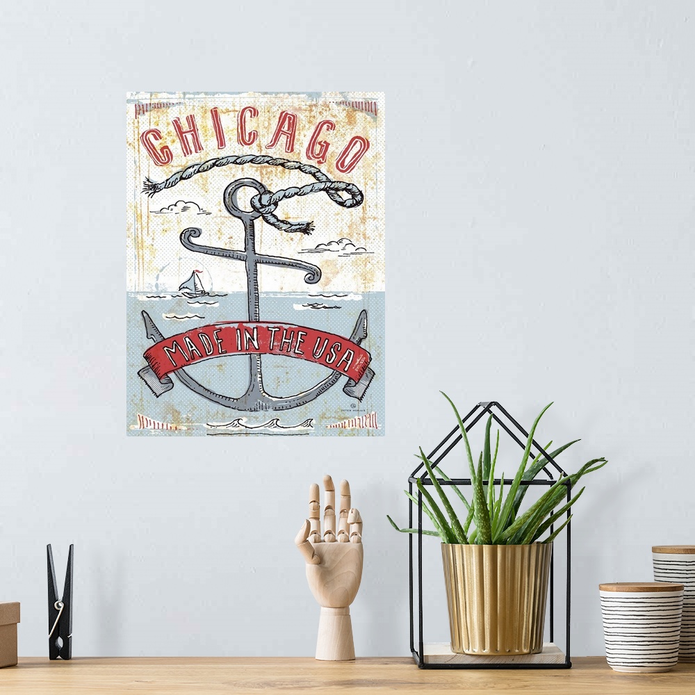 A bohemian room featuring Illustrated vintage, worn, and rusty artwork of Chicago's seaport harbor, with an anchor and a ri...